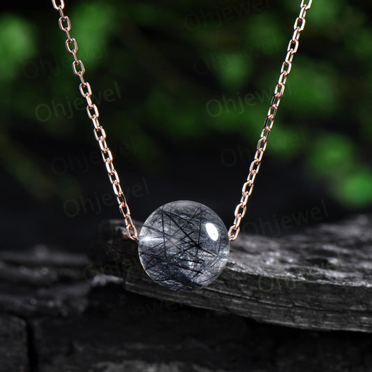 9mm sphere black rutilated quartz necklace solid 14k rose gold chain Ethiopian roundels beads pendant women anniversary gift for her silver