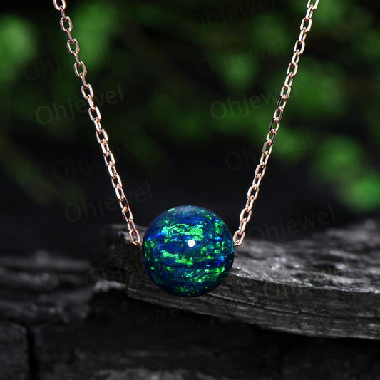 9mm sphere black opal necklace solid 14k rose gold chain Ethiopian blue opal roundels beads pendant women anniversary gift for her silver