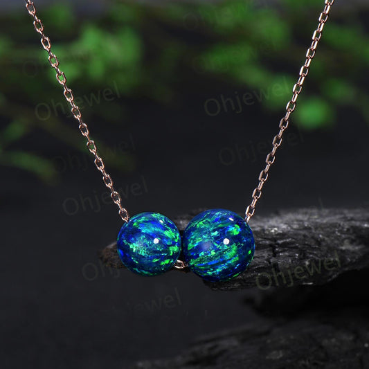 Two stone sphere black opal necklace solid 14k rose gold chain Ethiopian blue opal roundels beads Toi et Moi pendant women gift for her
