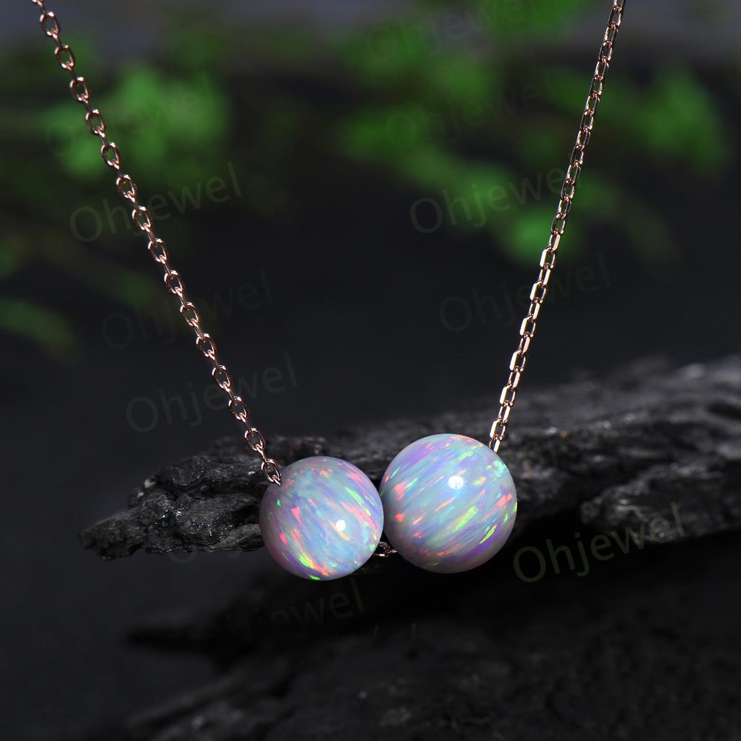 Two stone sphere white opal necklace solid 14k rose gold chain Ethiopian blue opal roundels beads Toi et Moi pendant women gift for mother