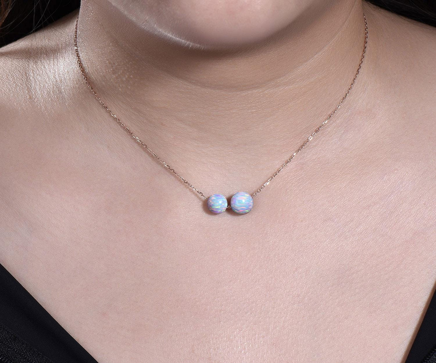 Two stone sphere white opal necklace solid 14k rose gold chain Ethiopian blue opal roundels beads Toi et Moi pendant women gift for mother