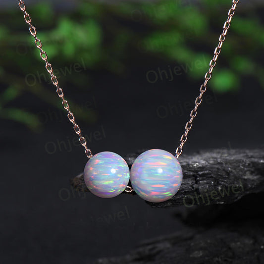 Two stone sphere white opal necklace solid 14k rose gold chain Ethiopian blue opal roundels beads Toi et Moi pendant women gift for mother