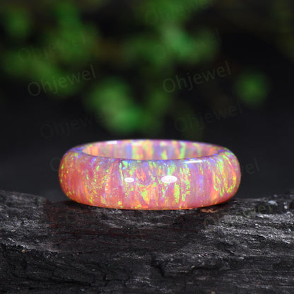 6mm unique fire pink opal wedding band mens orange opal ring minimalist stacking white opal bridal ring engagement ring gift for him husband
