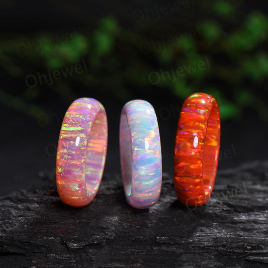 6mm unique fire pink opal wedding band mens orange opal ring minimalist stacking white opal bridal ring engagement ring gift for him husband