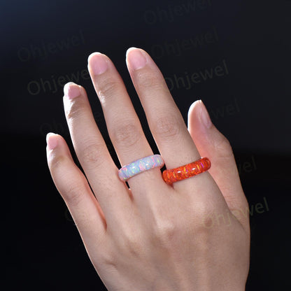 6mm unique fire pink opal wedding band mens orange opal ring minimalist stacking white opal bridal ring engagement ring gift for him husband