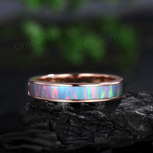 Half eternity bezel white opal wedding band mens stacking ring 14k rose gold unique engagement bridal ring for husband him silver