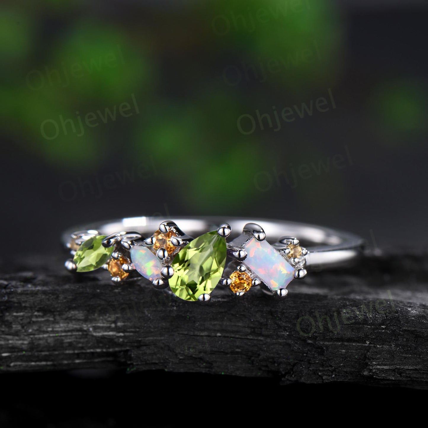Cluster pear peridot ring art deco Baguette opal ring dainty citrine ring women solid 14k white gold anniversary wedding ring band gift