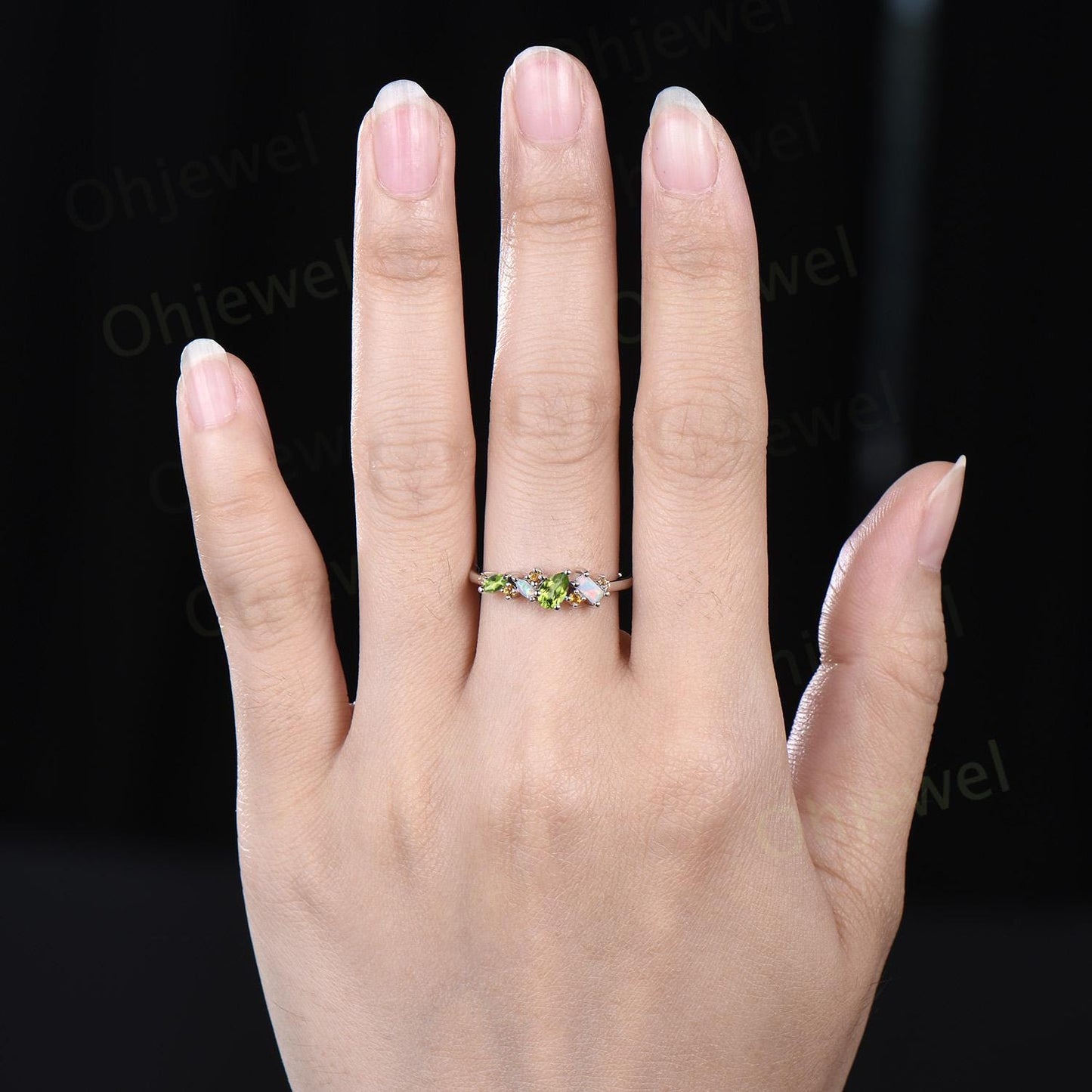 Cluster pear peridot ring art deco Baguette opal ring dainty citrine ring women solid 14k white gold anniversary wedding ring band gift
