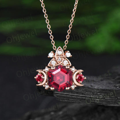 Hexagon cut red ruby necklace celtic knot moon cluster diamond pendant rose gold July birthstone anniversary gift women