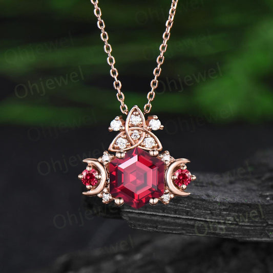 Hexagon cut red ruby necklace celtic knot moon cluster diamond pendant rose gold July birthstone anniversary gift women