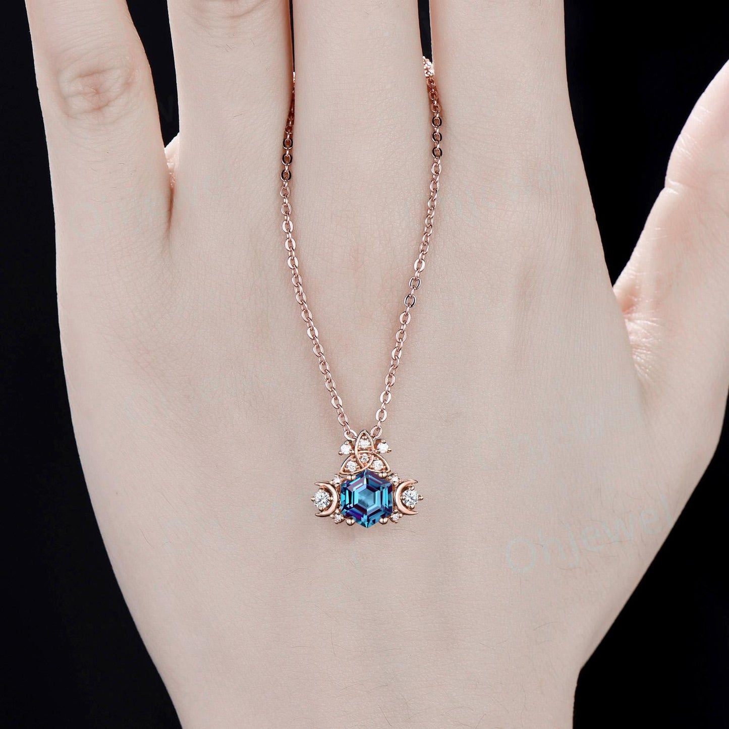 Vintage hexagon cut alexandrite necklace celtic knot moon cluster diamond pendant women 14k rose gold bridal wedding anniversary gift
