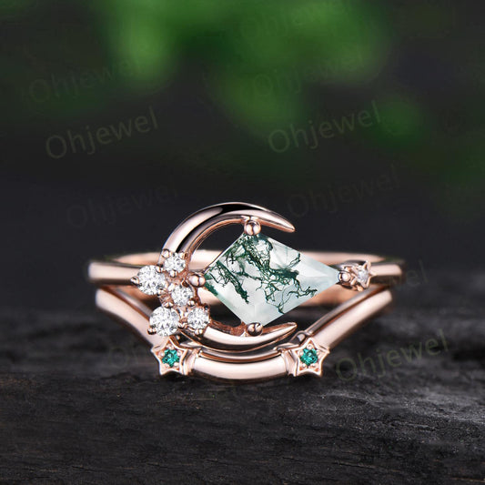Kite cut natural moss agate ring vintage east to west star moon engagement ring set cluster moissanite wedding promise ring set jewelry