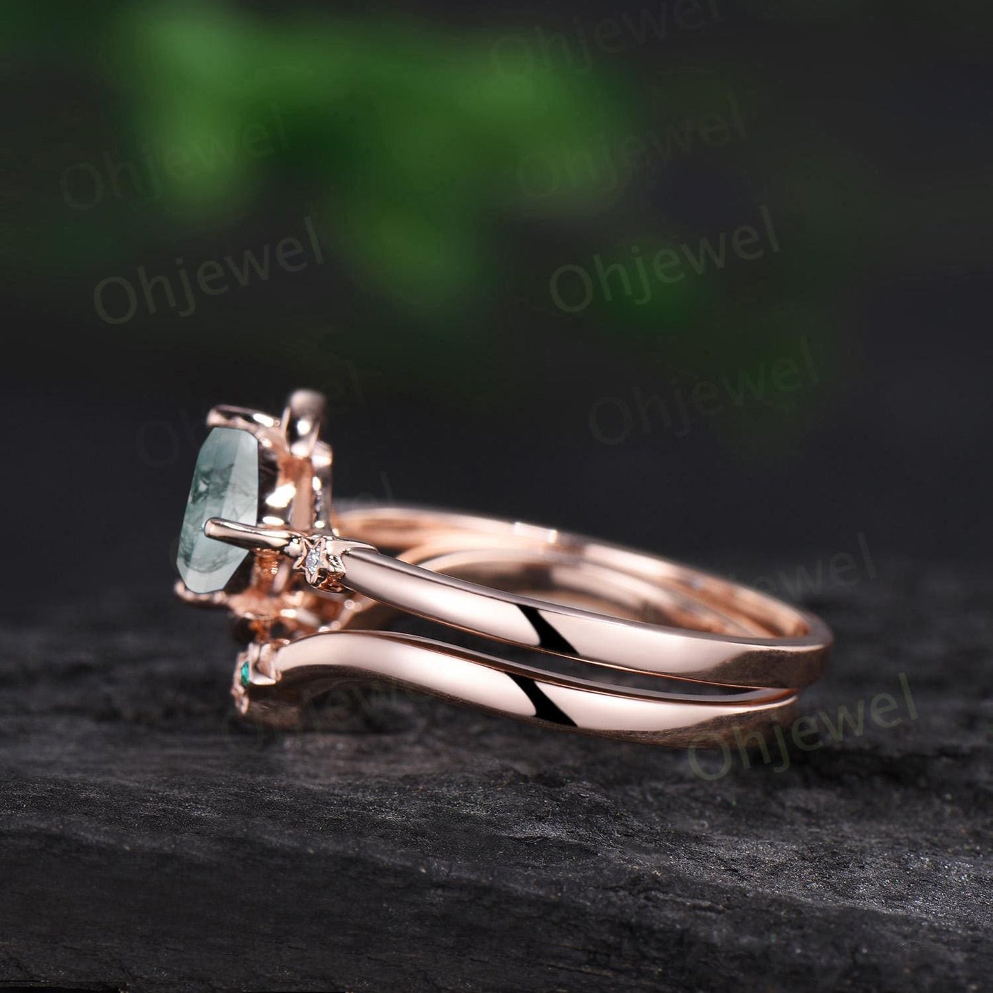 Kite cut natural moss agate ring vintage east to west star moon engagement ring set cluster moissanite wedding promise ring set jewelry