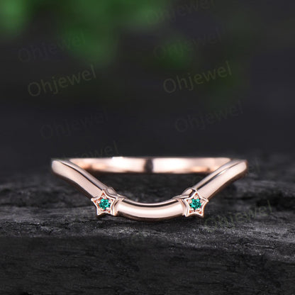 Kite cut green emerald ring vintage east to west star moon engagement ring set cluster moissanite wedding promise ring set rose gold jewelry