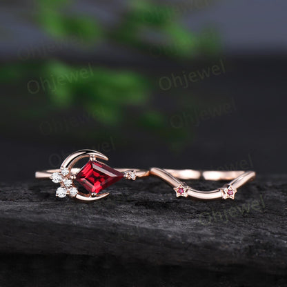 Kite cut red ruby ring rose gold unique east to west star moon engagement ring set cluster moissanite wedding bridal ring set women