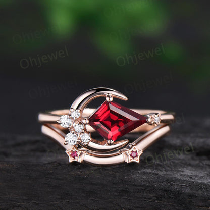 Kite cut red ruby ring rose gold unique east to west star moon engagement ring set cluster moissanite wedding bridal ring set women
