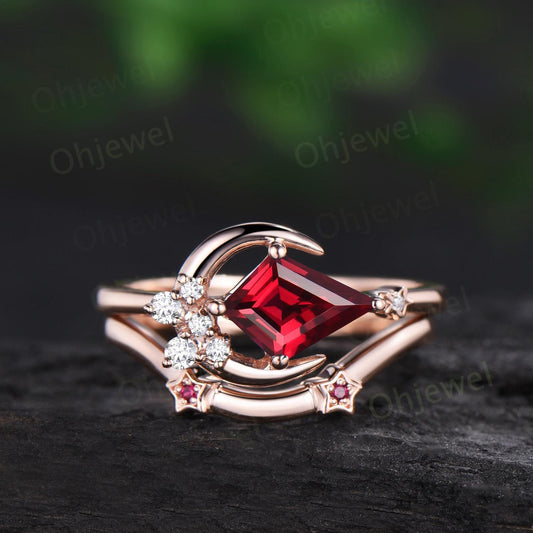 Kite cut red ruby ring rose gold unique east to west star moon engagement ring set cluster moissanite wedding bridal ring set women