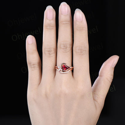 Kite cut red ruby ring rose gold unique east to west star moon engagement ring set cluster moissanite wedding bridal ring set women