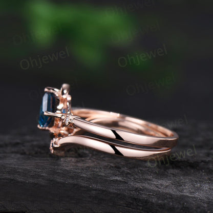 Kite cut London blue topaz engagement ring set cluster moon star Swiss topaz ring vintage blue gemstone anniversary ring set women gift