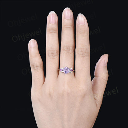 Hexagon cut Lavender amethyst ring white gold cluster unique engagement ring marquise amethyst ring silver purple crystal ring women