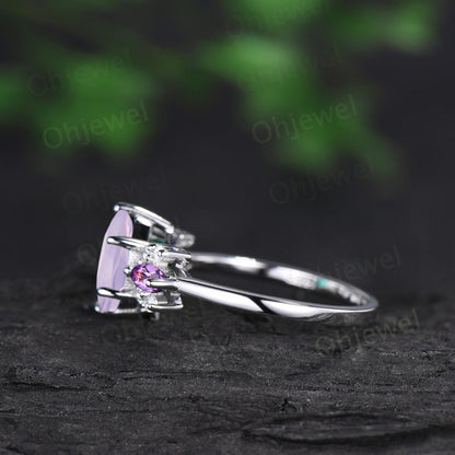 Hexagon cut Lavender amethyst ring white gold cluster unique engagement ring marquise amethyst ring silver purple crystal ring women