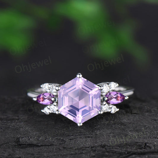 Hexagon cut Lavender amethyst ring white gold cluster unique engagement ring marquise amethyst ring silver purple crystal ring women