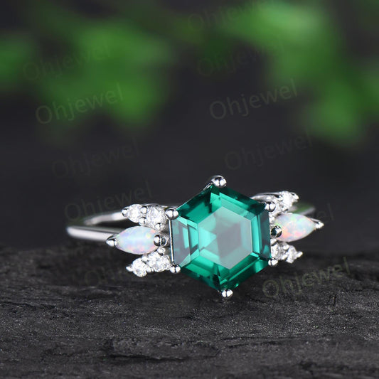 Hexagon cut green emerald ring white gold cluster unique engagement ring marquise opal ring silver May birthstone ring gift