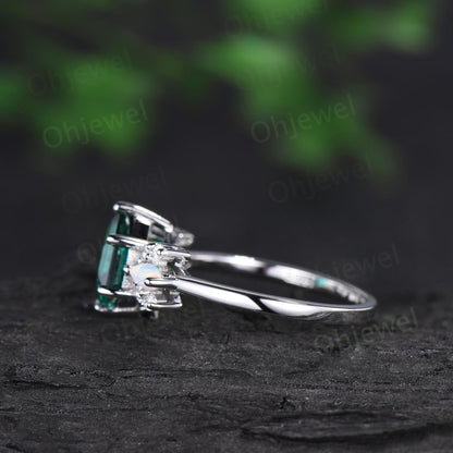 Hexagon cut green emerald ring white gold cluster unique engagement ring marquise opal ring silver May birthstone ring gift
