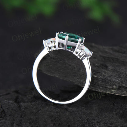 Hexagon cut green emerald ring white gold cluster unique engagement ring marquise opal ring silver May birthstone ring gift
