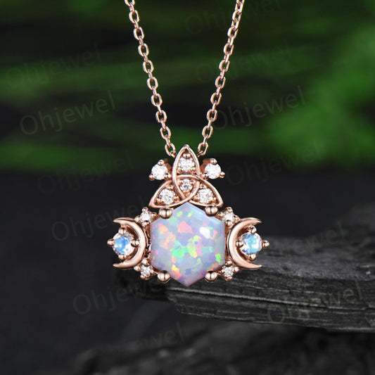 Vintage hexagon white opal necklace celtic knot moon cluster diamond pendant 14k rose gold moonstone wedding anniversary gift