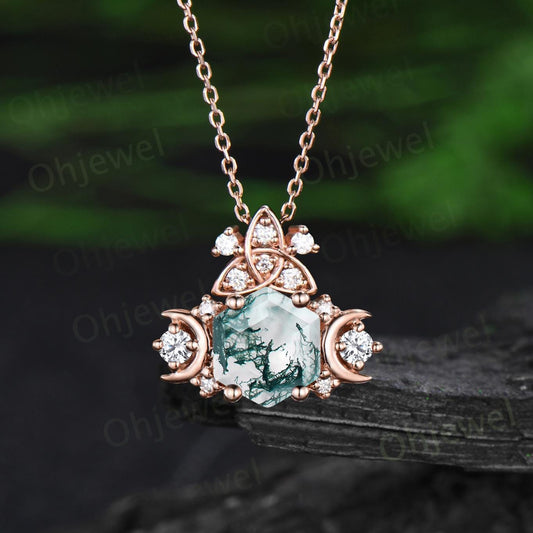 Vintage hexagon cut moss agate necklace celtic knot moon cluster diamond pendant women 14k rose gold delicate wedding anniversary gift