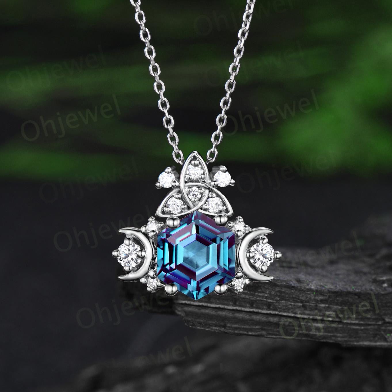 Vintage hexagon cut alexandrite necklace celtic knot moon cluster diamond pendant women 14k rose gold bridal wedding anniversary gift