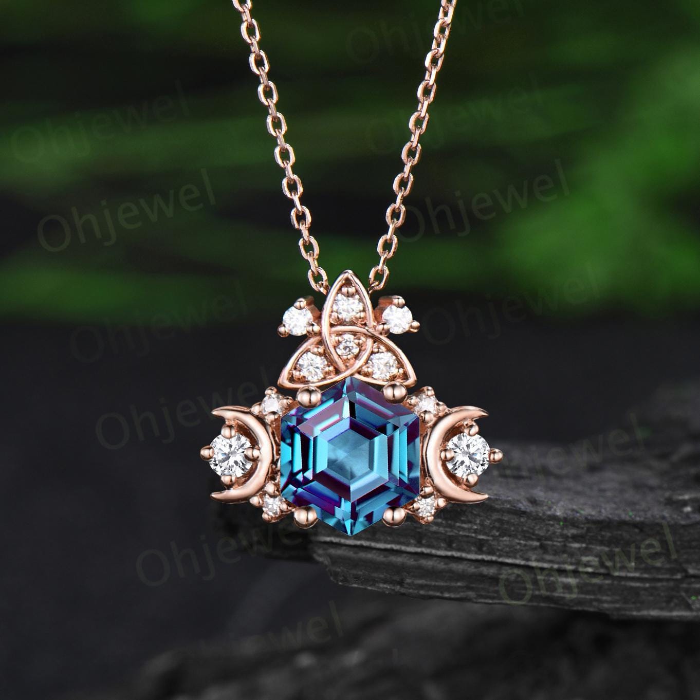 Vintage hexagon cut alexandrite necklace celtic knot moon cluster diamond pendant women 14k rose gold bridal wedding anniversary gift