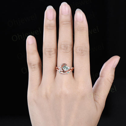Kite cut natural moss agate ring vintage east to west star moon engagement ring set cluster moissanite wedding promise ring set jewelry
