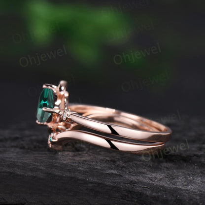 Kite cut green emerald ring vintage east to west star moon engagement ring set cluster moissanite wedding promise ring set rose gold jewelry