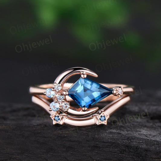 Kite cut London blue topaz engagement ring set cluster moon star Swiss topaz ring vintage blue gemstone anniversary ring set women gift