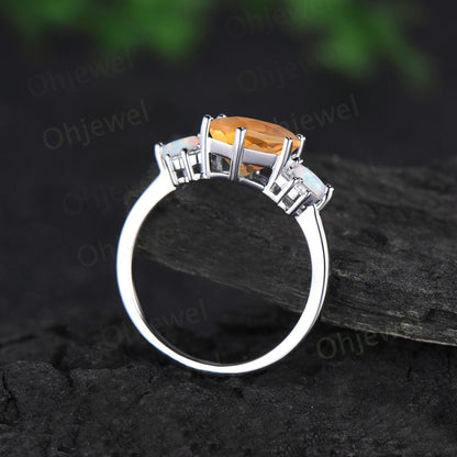 Hexagon cut yellow citrine ring white gold cluster unique engagement ring marquise opal ring silver crystal ring women anniversary gift