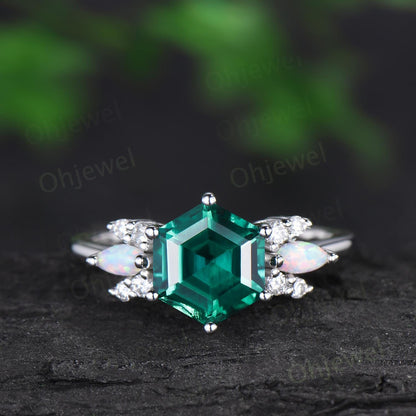 Hexagon cut green emerald ring white gold cluster unique engagement ring marquise opal ring silver May birthstone ring gift
