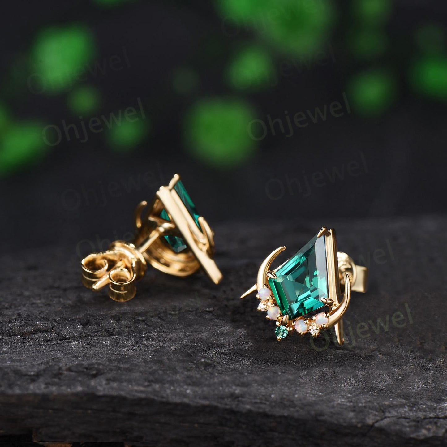 Kite cut green emerald moon earrings solid 14k 18k yellow gold unique cluster opal stud earrings women bridal anniversary gift