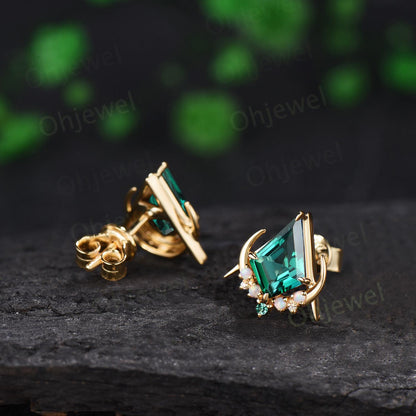 Kite cut green emerald moon earrings solid 14k 18k yellow gold unique cluster opal stud earrings women bridal anniversary gift