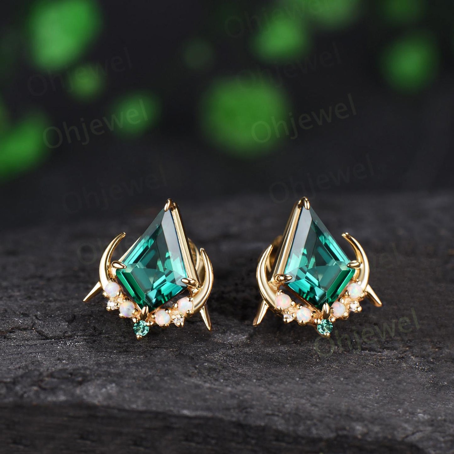 Kite cut green emerald moon earrings solid 14k 18k yellow gold unique cluster opal stud earrings women bridal anniversary gift