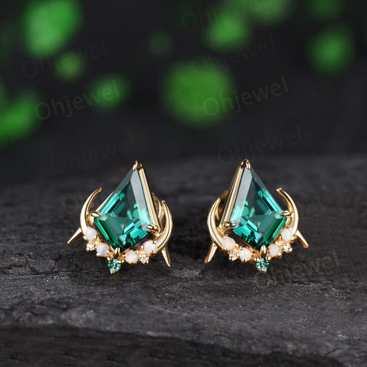 Kite cut green emerald moon earrings solid 14k 18k yellow gold unique cluster opal stud earrings women bridal anniversary gift