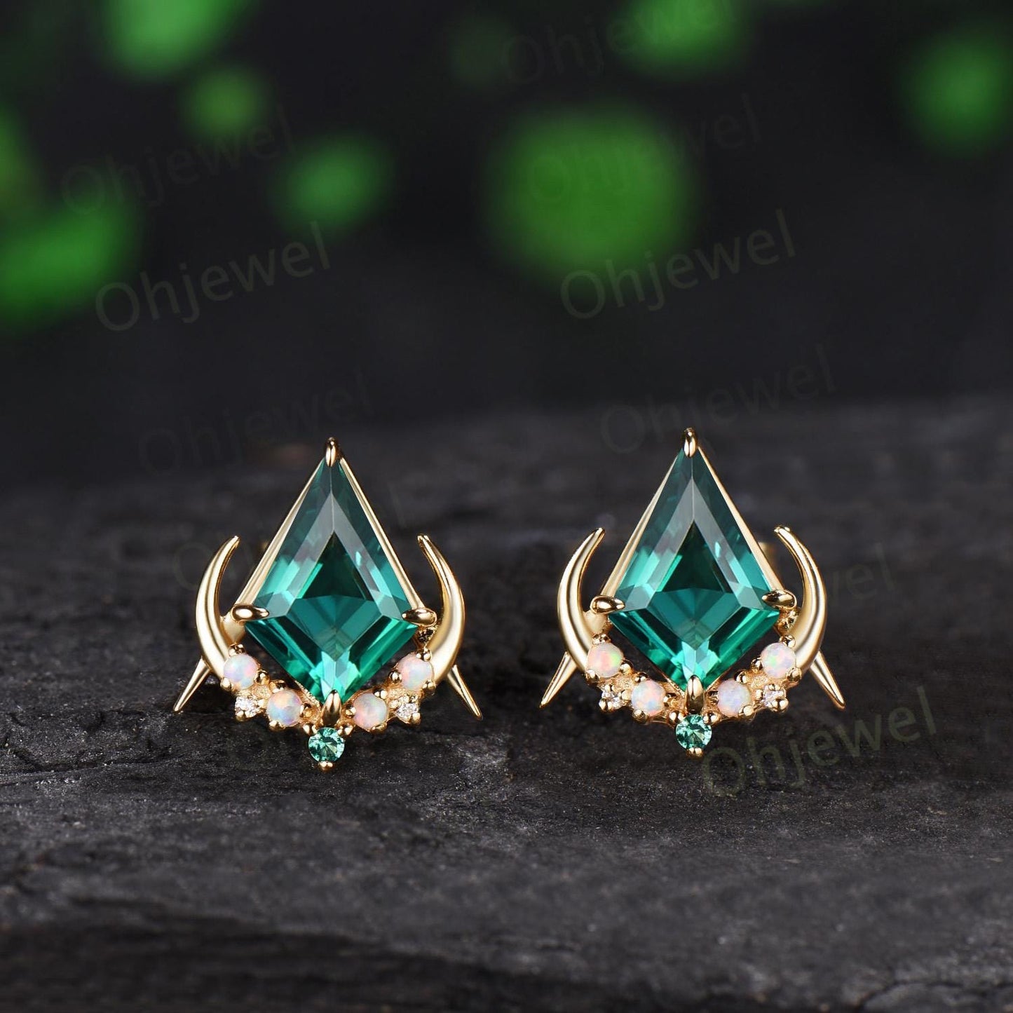 Kite cut green emerald moon earrings solid 14k 18k yellow gold unique cluster opal stud earrings women bridal anniversary gift