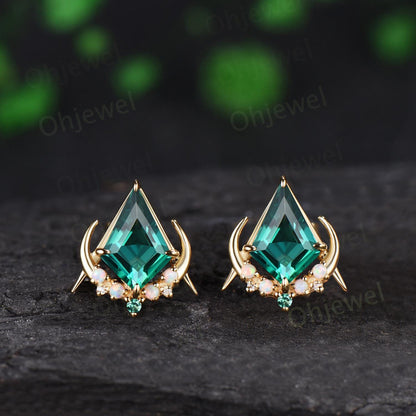 Kite cut green emerald moon earrings solid 14k 18k yellow gold unique cluster opal stud earrings women bridal anniversary gift