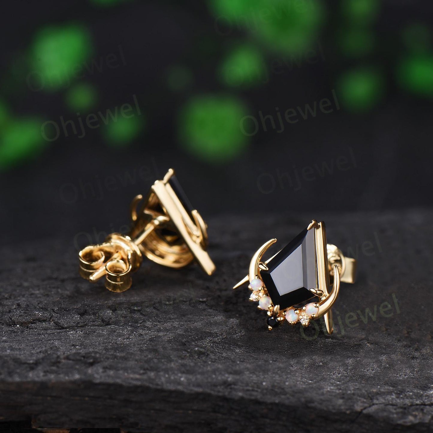 Kite cut black onyx opal moon earrings solid 14k 18k yellow gold unique arrow cluster stud earrings women wedding anniversary gift