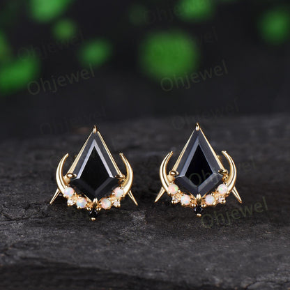 Kite cut black onyx opal moon earrings solid 14k 18k yellow gold unique arrow cluster stud earrings women wedding anniversary gift