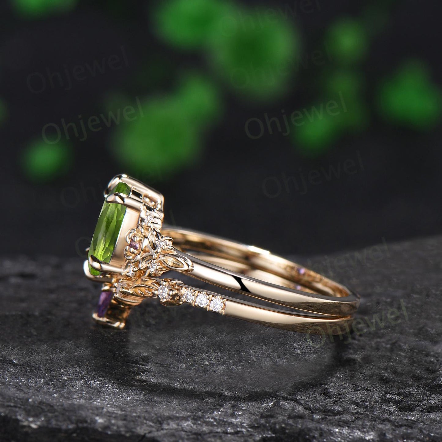 Oval peridot ring 14k yellow gold vintage leaf floral 6 prong wedding engagement ring set women amethyst ring silver