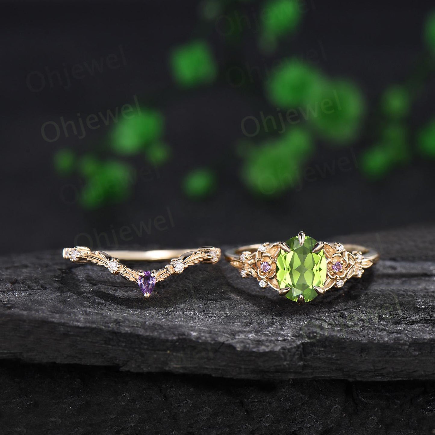 Oval peridot ring 14k yellow gold vintage leaf floral 6 prong wedding engagement ring set women amethyst ring silver