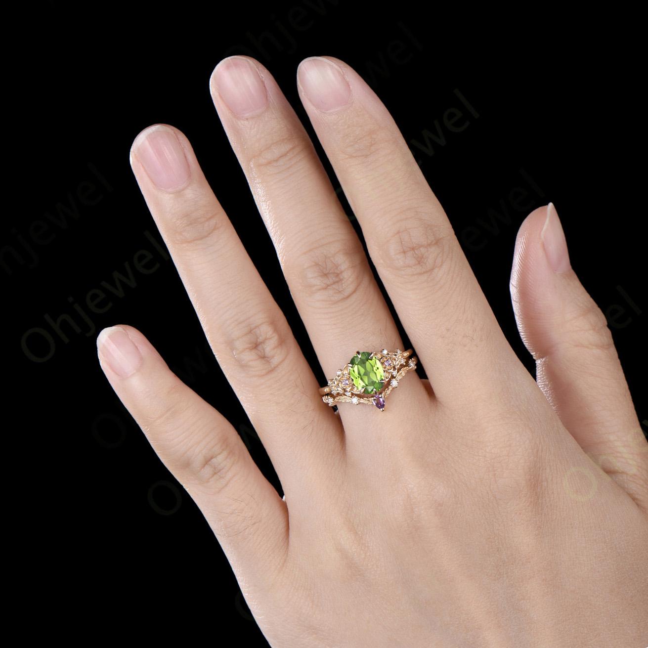Oval peridot ring 14k yellow gold vintage leaf floral 6 prong wedding engagement ring set women amethyst ring silver