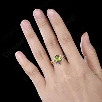 Oval peridot ring 14k yellow gold vintage leaf floral 6 prong wedding engagement ring set women amethyst ring silver